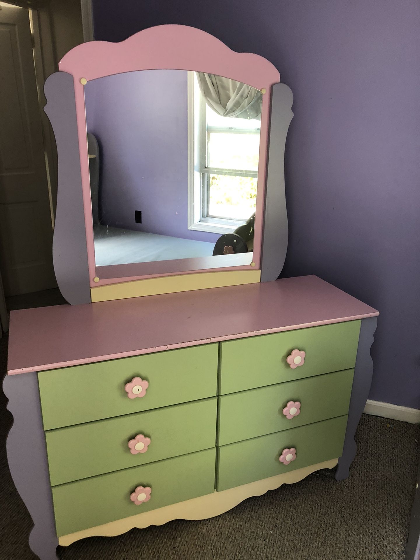 Twin Frame Bed With A Dresser And Mirror For Girls 