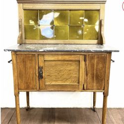 Antique Oak & Marble Washstand W/ Tile Back Splash