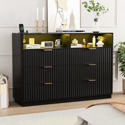 Fluted 6 Drawer Dresser for Bedroom, 54" Wide Multicolor Chest of Drawers with Charging Station, Dresser TV Stand with 2 Open Storage Shelves, Drawers