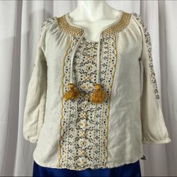 Lucky Brand cream colored Linen embroidered Tunic Sz Small