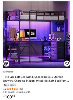 Twin Size Metal Loft Bed with L-Shaped Desk
