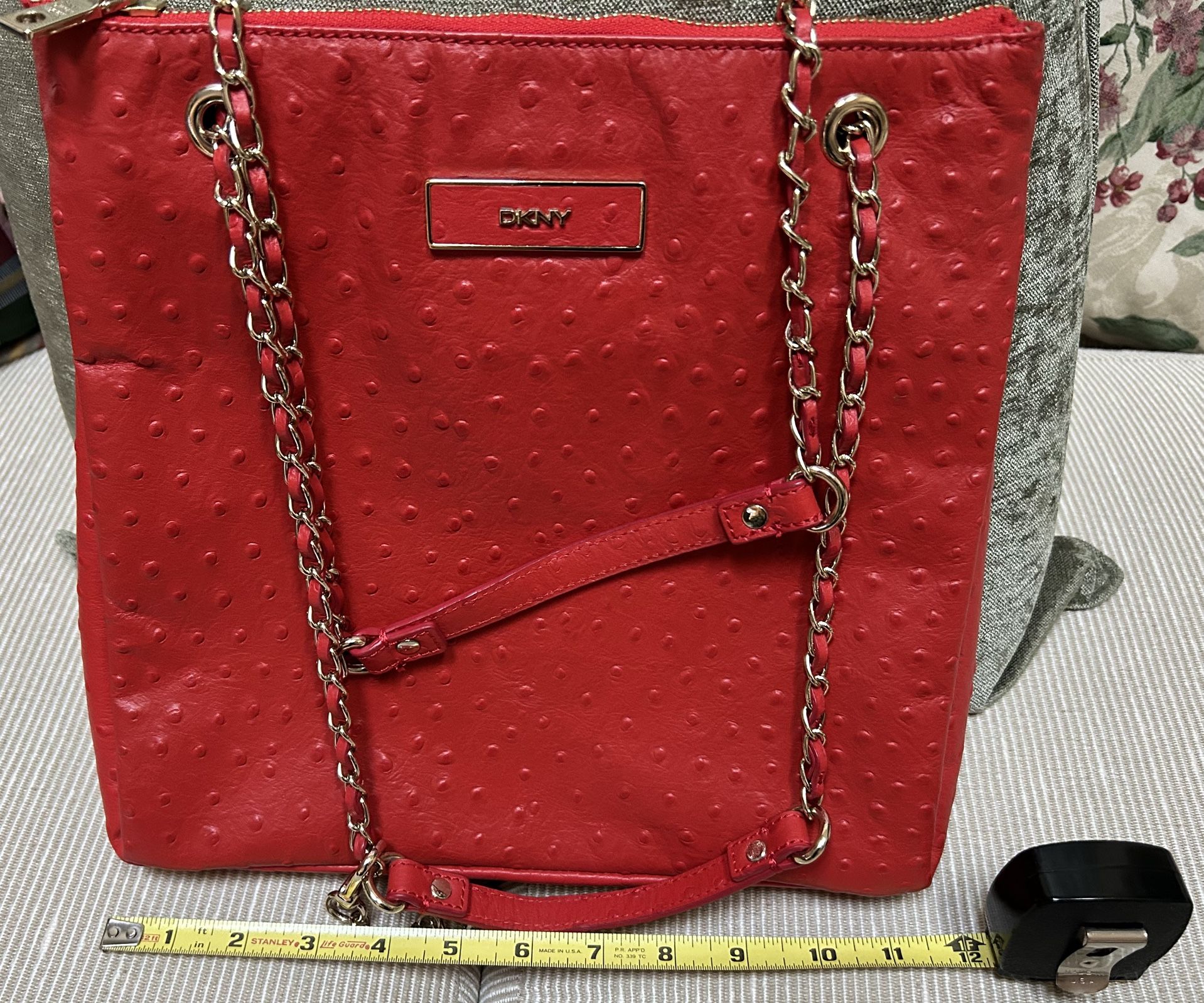 DKNY Tangerine/Orange Ostrich Embossed Leather Convertible Purse with Chain Straps