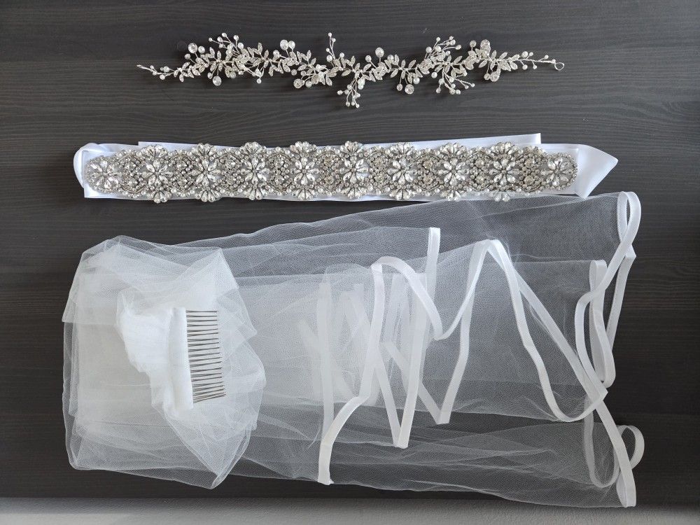 Bridal Accessories Set (head piece, belt + veil)