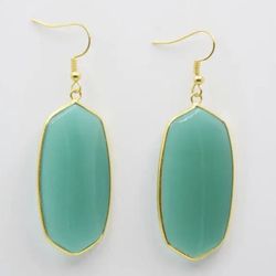 large 14k gold plated green jade stone oval hexagon Statement dangle statement earrings
