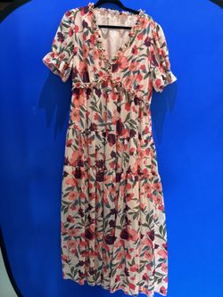 Women’s L/XL Casual Boho Floral Maxi Dress – V Neck Short Sleeve Party Wedding