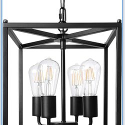 Unicozin 4-Light Black Farmhouse Chandelier, Iron Lantern Pendant Light Rustic Cage Adjustable Height, E26 Base Industrial Hanging Lights for Kitchen 