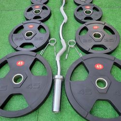 WEIGHTS SET AND 4 FT CURLED BARBBELL