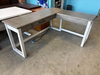 Grey Wash Modern Farmhouse Style Corner Desk with Lift Top Feature and Powered Outlet