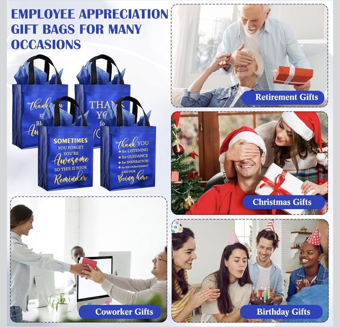 Gaillty 24 Pcs Employee Appreciation Gifts Bags Reusable with Handles, Non-woven Thank You Bags Bulk with Tissues, 8 x 4 x 10 Inch Christmas Gifts for