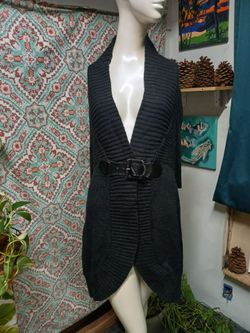 Takeout Black Acrylic Cardigan w/Faux Leather Belt Hook, Size L (Needs Repair)