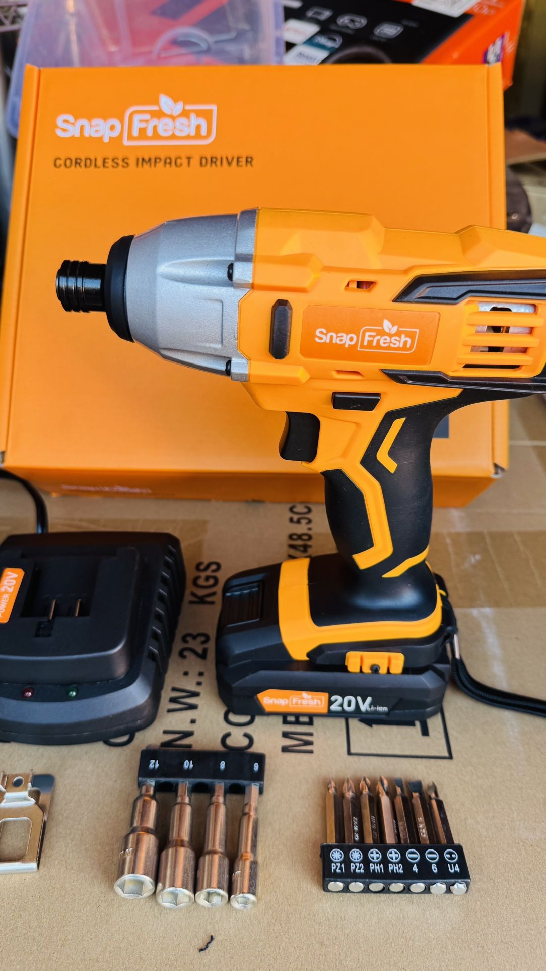 SnapFresh Cordless Impact Driver, SnapFresh 20V 1/4” Impact Drill w/ 1350in-Lbs Torque, Variable Speed 2200 RPM, Built-in LED, 2.0Ah Li-ion Battery, 1