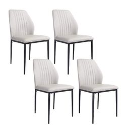 Beige Faux Leather Solid Back Dining Side Chair with Stable Steel Legs, Set of 4