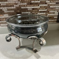 BRAND NEW PIER ONE BLUE BUBBLE GLASS BOWL WITH IRON STAND 10x12