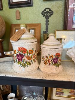 Vintage Ceramic speckled needlepoint floral canister set