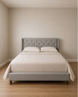 Grey Upholstered Bed Frame with Tufted Headboard