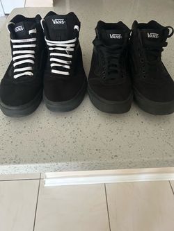 Vans Black High-Top Sneakers – 2 Pairs. Unisex. Women’s size 9 and 9.5. Men s size 8 and 7.5. Excellent condition. $40 for 2 pairs .