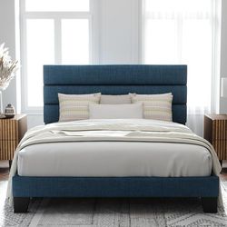 A306 $130  Queen Size Platform Bed Frame with Fabric Upholstered Headboard and Wooden Slats Support, Fully Upholstered Mattress Foundation/No Box Spri