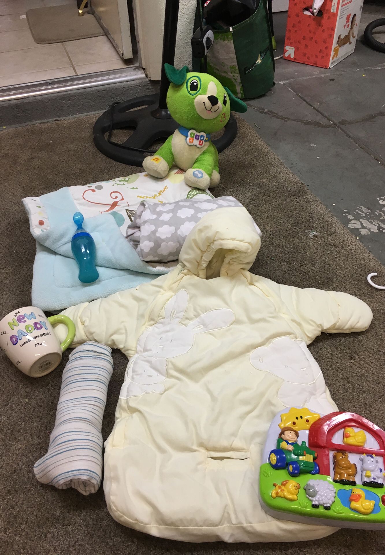 0-6mo winter sack that has a hole for seat belt in car seat, muslin blanket, new dad coffee cup, crib sheet with clouds, Leap frog read with me scout
