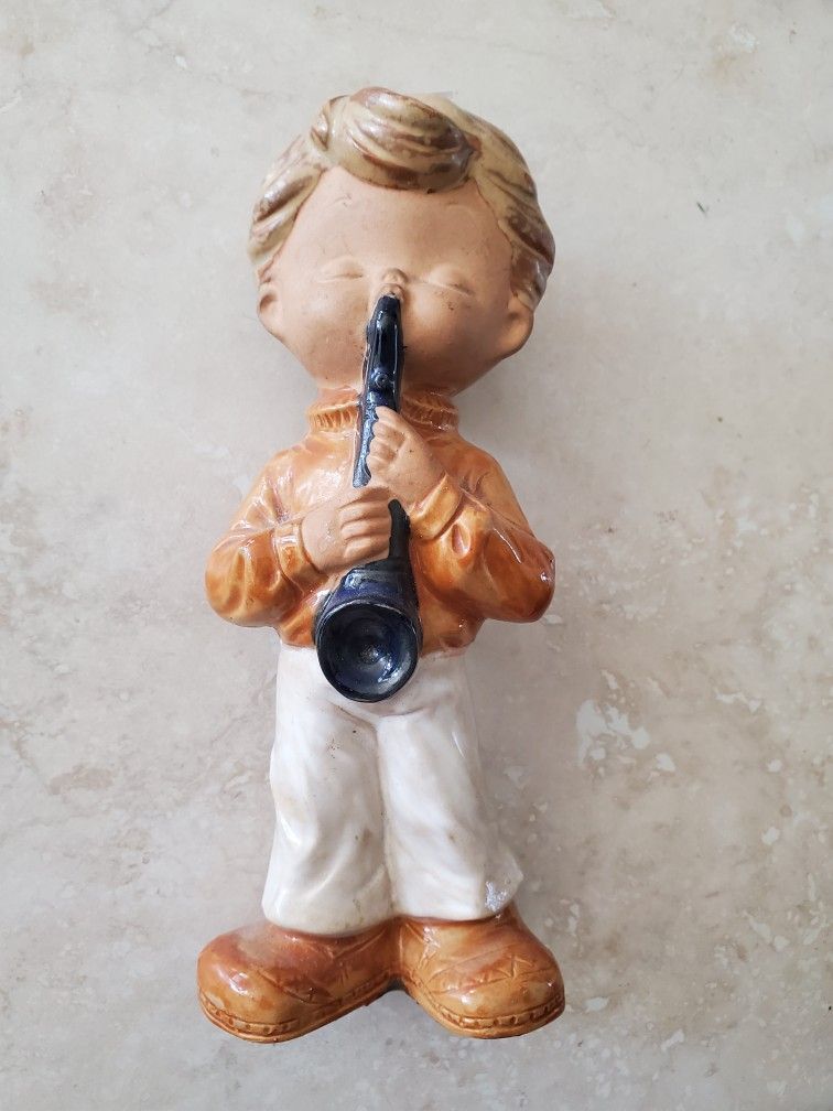 Boy With Flute Glazed Clay Decor 