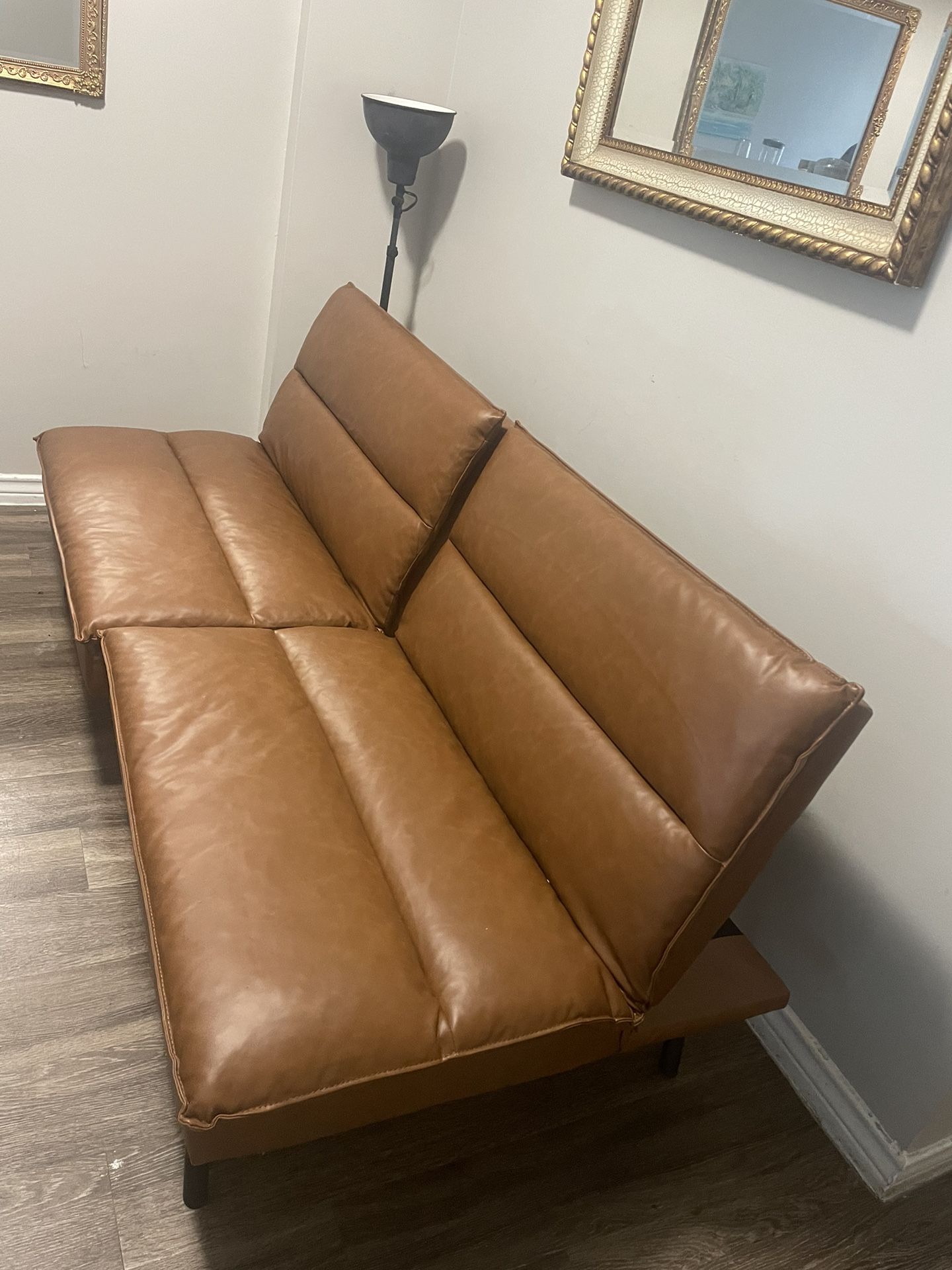 Modern Futon Sofa Bed - Camel Faux Leather - Like New
