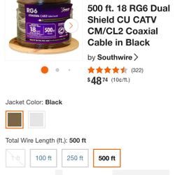 500 ft. 18 RG6 dual Shield CU CATV CM/CL2 Coaxial Cable