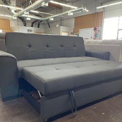 Gray Linen Sofa with Pull Out Bed Ottoman 
