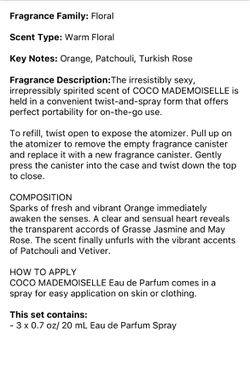 Coco Mademoiselle by Chanel Twist and Spray Eau de Toilette Purse Spray 3 x  20 ml. New in Box. Sealed.