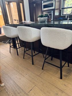Swivel Counter Stools Set of 3, Modern Barrel Counter Height Barstools for Kitchen Island, 26'' White Bar Stools with Arms & Back, Upholstered Sherpa 