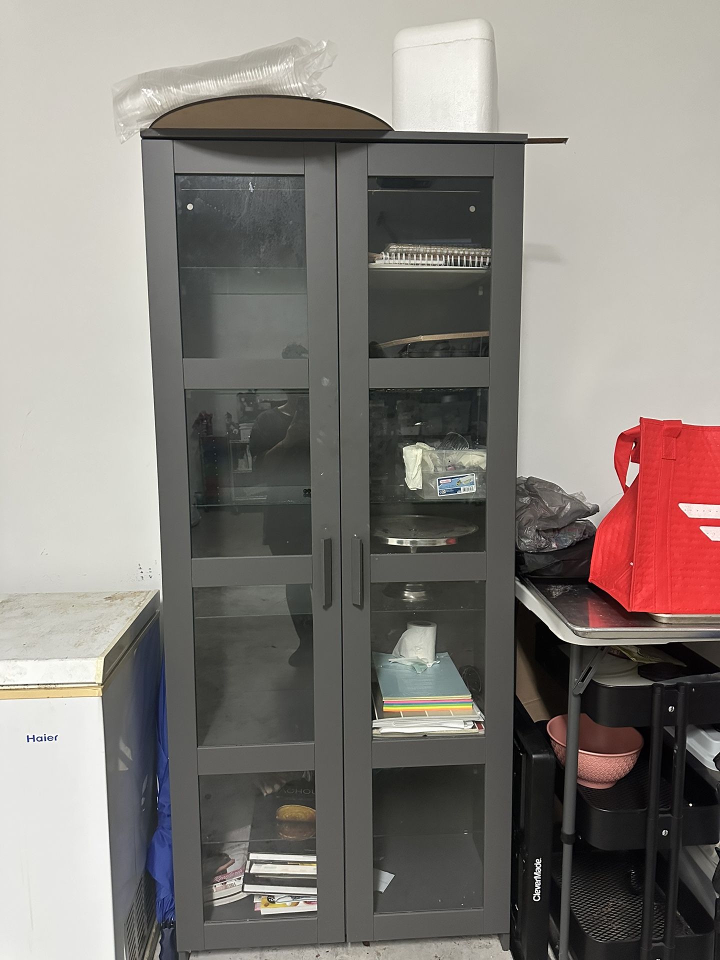 Tall Gray Glass Door Cabinet / Storage Unit