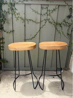 30”h Wooden Saddle Seat Barstools Camel - Polished Finish, Iron Legs- AVAILABLE