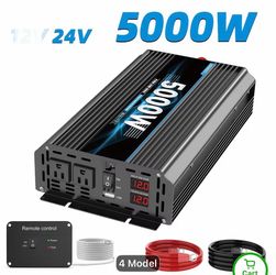 5000W Peak 2000W Pure Sine Wave Power Inverter DC 12V 24V to AC 120V with LED Display, USB And Remote Control - Aluminum Shell - for Home, Outdoor And