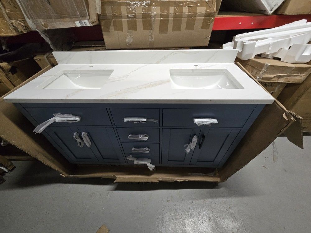 OVE Decors Bailey 60 in. Double Sink Freestanding Blue Lagoon Bathroom Vanity with White Quartz Top, Matching Backsplash and Power Bar