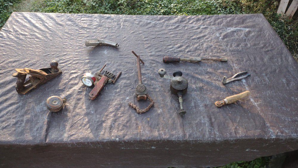 Vintage Tools Lot of 9 items,Wood Plain, Timesaver Tool,Hand Drill,Chalk Line, Battery Cell Tester,Etc.