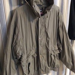 Jacket with hood, Men’s sz MEDIUM, USED, lightweight cotton material, sleeves are lined, zip and snap front, 2 pockets, New River brand, Maryville