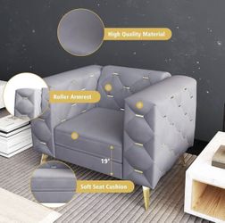Velvet Upholstered Couch with Square Arms and Tufted Back, Mid-Century Modern Sofa Couch with Metal Buckle Decor and Metal Legs for Living Room, Offic