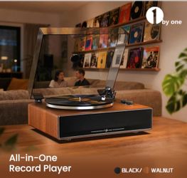 1 BY ONE High Fidelity Belt Drive Turntable with Built-in Speakers, Vinyl Record Player with Magnetic Cartridge, Wireless Playback and Aux-in Function