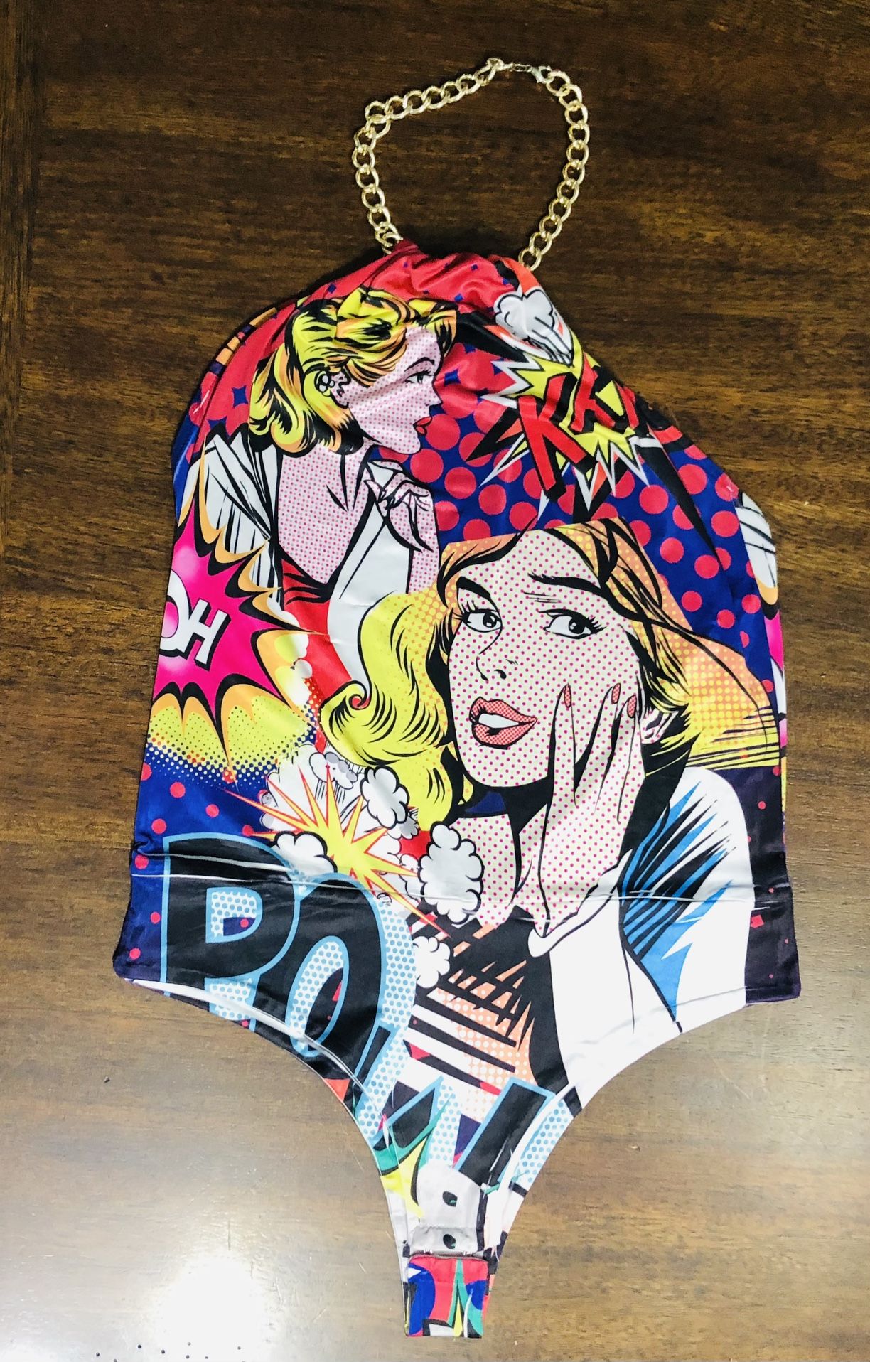 Comic women’s Bodysuit halter neck open back bottom buttons closure pull over.M