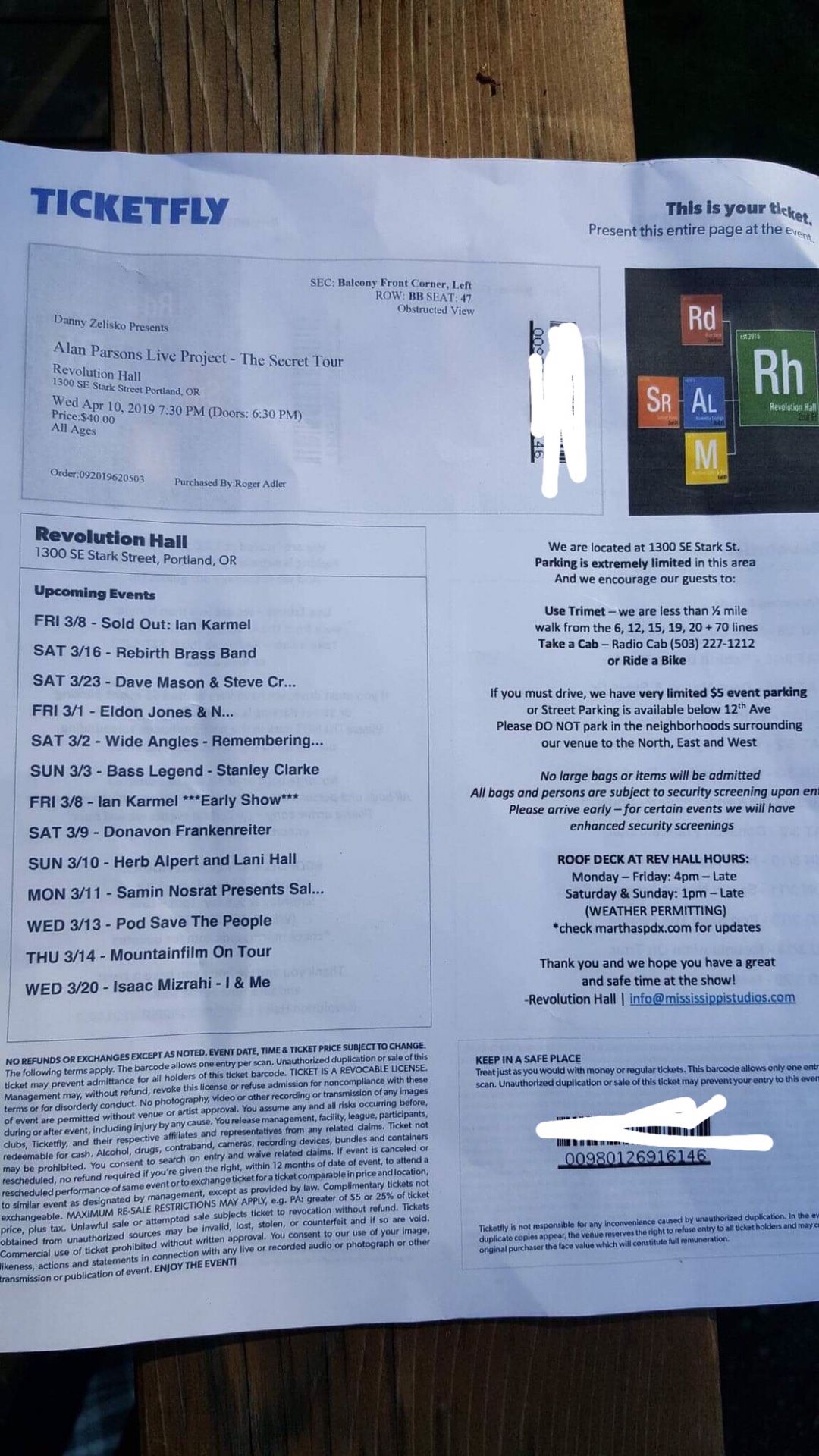 2 tickets to Alan Parsons concert in Portland Oregon