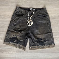 VALE LIVES FOREVER DENIM JORTS SIZE 32 DOUBLE BLACK CAMO
