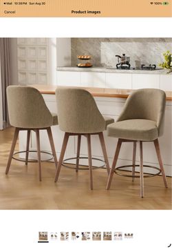 Bekrvio Counter Height Bar Stools Set of 3, 26" Seat Height, Sand Brown Mid-Century Modern, Swivel with Backs, Weathered Beech Wood Legs, Linen Fabric