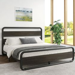 Queen Size Metal Bed Frame with Wooden Headboard and Footboard, Heavy Duty Oval-Shaped Platform Bed with Under-Bed Storage, Noise Free