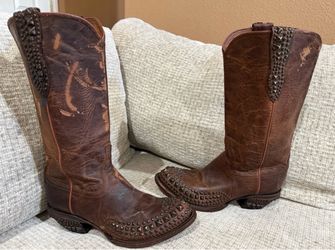 Lucchese Mad Dog Brown Studded Leather Wingtip Western Boots Size 9B
