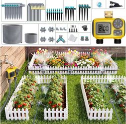 172FT Drip Irrigation System Kit with 2 Zone Water Timer for Garden
1/2" High-Flow Mainline Auto Watering, 26pcs 360° Nozzles & 6-Way Fast-Plug Kit fo