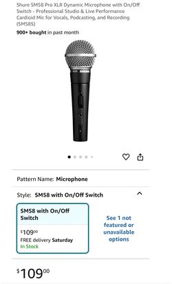 Shure SM58 Pro XLR Dynamic Microphone with On/Off Switch - Professional Studio & Live Performance Cardioid Mic for Vocals, Podcasting, and Recording (