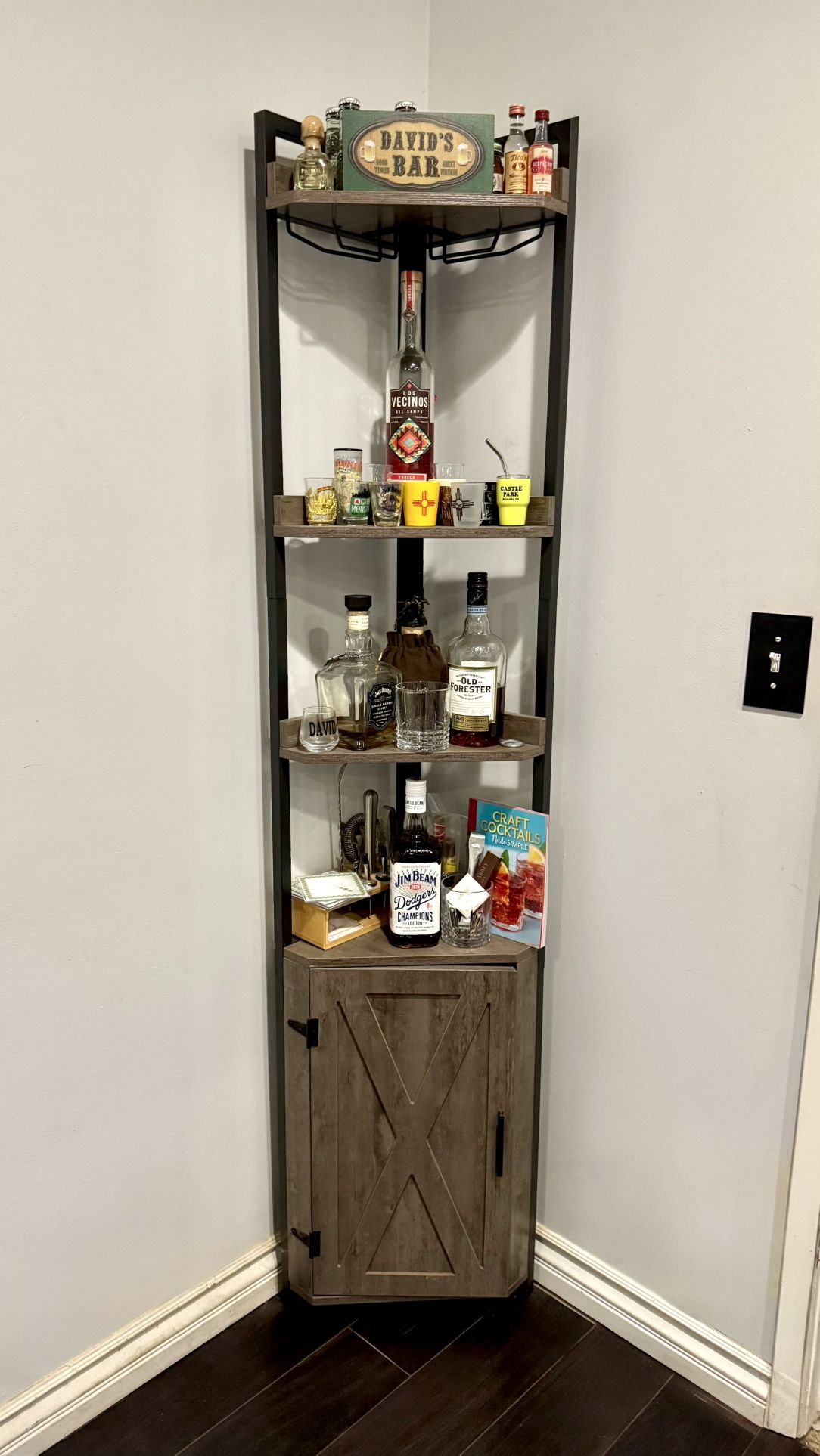 Corner Wine Bar Shelf with Storage & Glass Holder