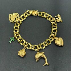 14k solid yellow gold charm fashion 0.42CTW emerald MOM heart 8” bracelet 9.6mm 31.6 grams