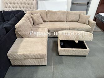 105” Reversible Chaise Camel Sectional Sofa, Plush Sectional, Tan Fabric, Sectional And Storage Ottoman Set, Couch, Tan Beige Apartment Living Room  