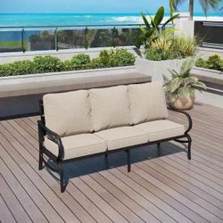 Black Metal Slatted Frame Outdoor Patio 3 Seat Sofa Couch with Beige Cushions