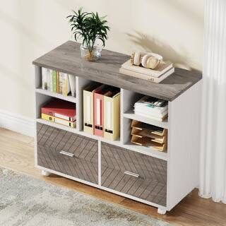 Atencio 2-Drawer Gray and White Wood 39.37 in. W Lateral Mobile File Cabinet with Open Storage Shelves and Casters