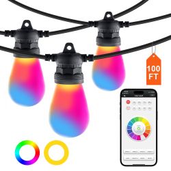 VEVOR RGB Outdoor String Lights, 100FT, Outside Patio Lights with APP Control 30 Bulbs, 15 Single-Color Adjustable Brightness Time Setting, Waterproof